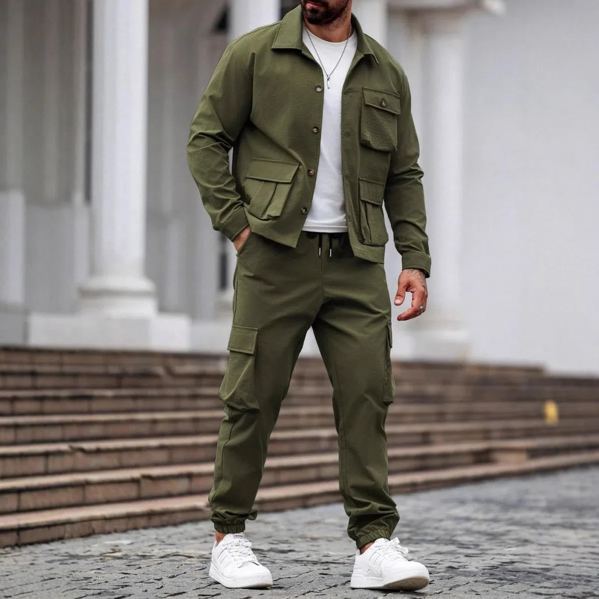 Conjunto De Cargo Retro Americano para Hombre con Múltiples Bolsillos, Chaqueta De Un Solo Botón y Pantalones De 2 Piezas