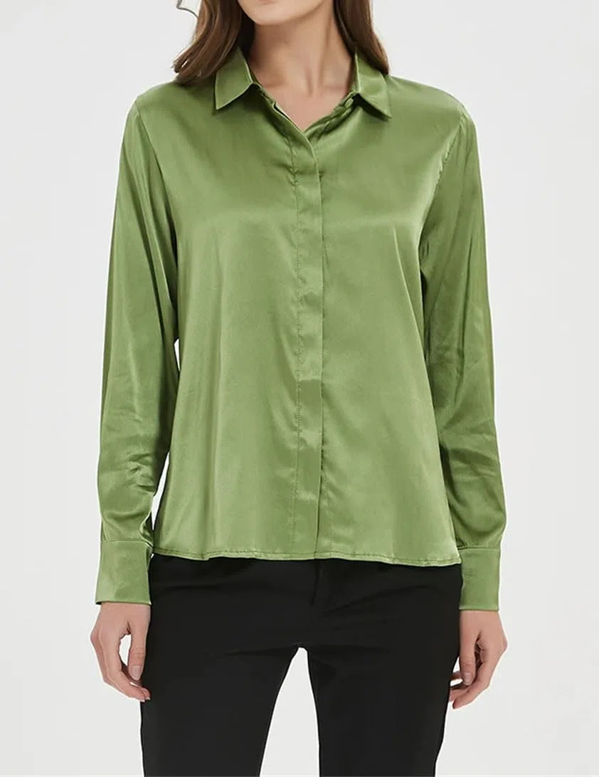 Camisas lisas para mujer, 100 % seda real, de manga larga, blusas de primavera y verano, para la oficina