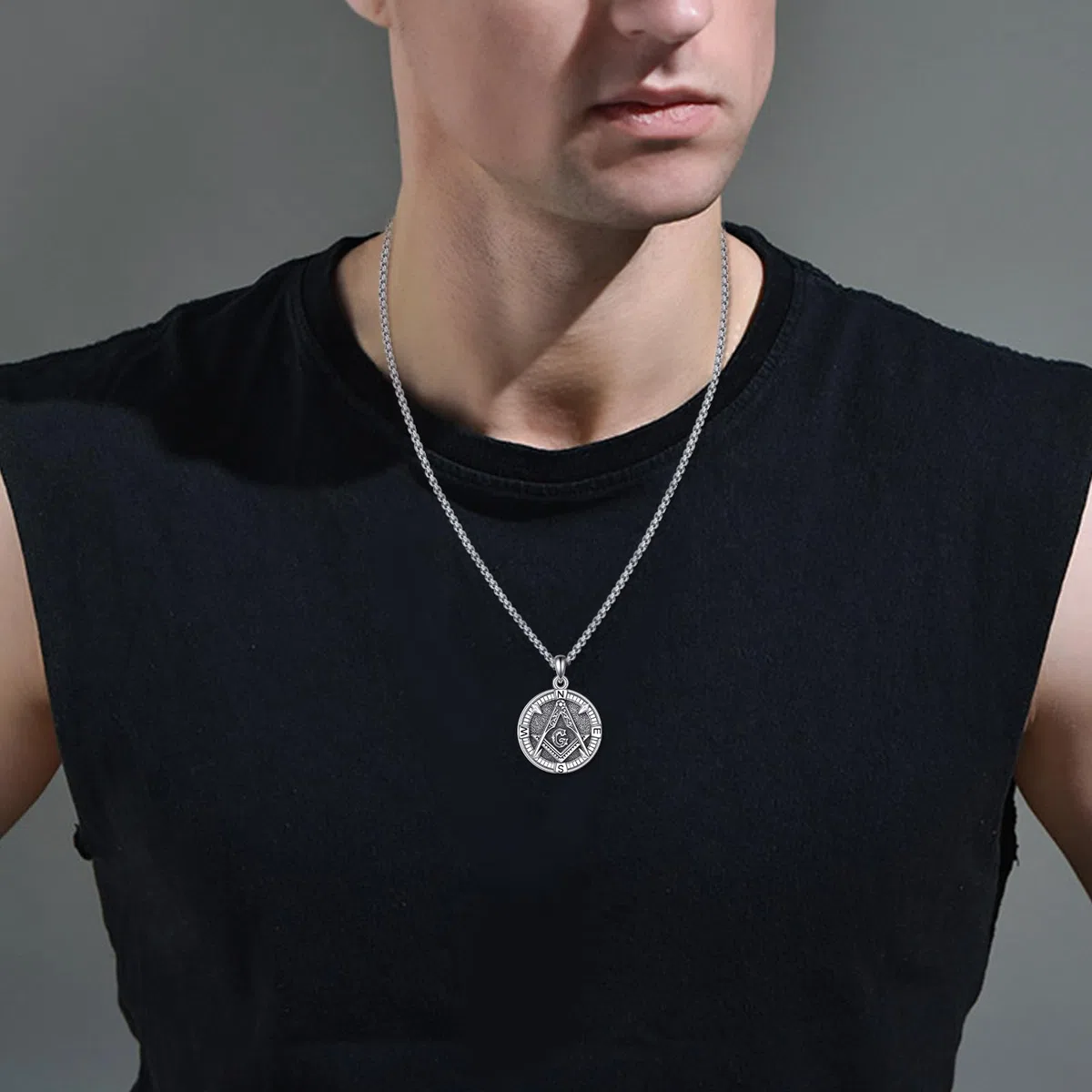 ONEFINITY Collar masónico de plata de ley 925 con colgante de brújula masónica, collar de masonería, símbolo de masón, joyería para hombre, talla única, Plata, No es una piedra preciosa
