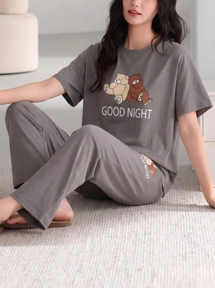 SMOWKLY Conjunto de pijama de dos piezas de mezcla de algodón de alta calidad con bonito estampado para mujer, camiseta elegante con pantalón de pijama, ropa de descanso cómoda