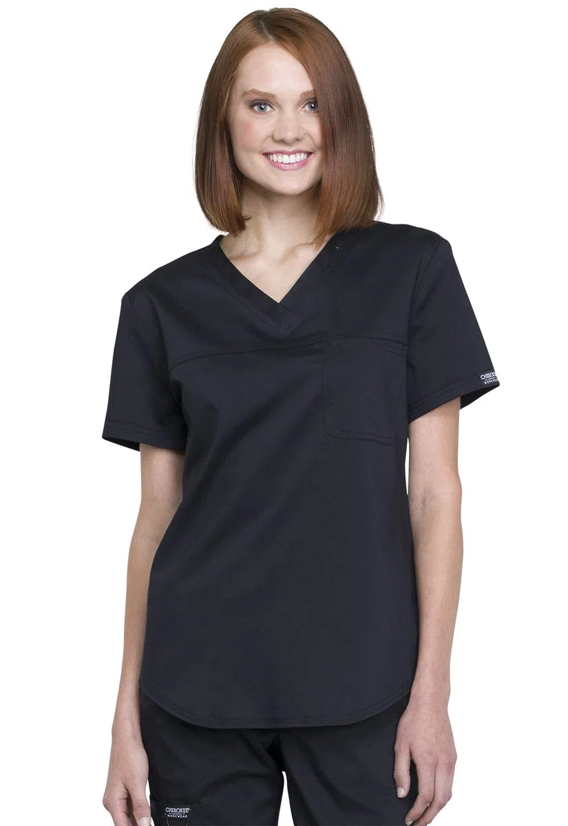 Cherokee WW657 - Conjunto de uniforme médico para mujer, cuello en V, pantalones quirúrgicos de tiro medio con cintura elástica de punto, WW115, color negro, talla L/pantalón L
