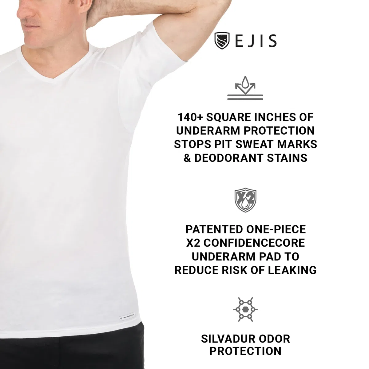 Camiseta Interior de Hombre a Prueba de Sudor Eji, Cuello de Pico, Plata antiolor, algodón, Almohadillas para el Sudor