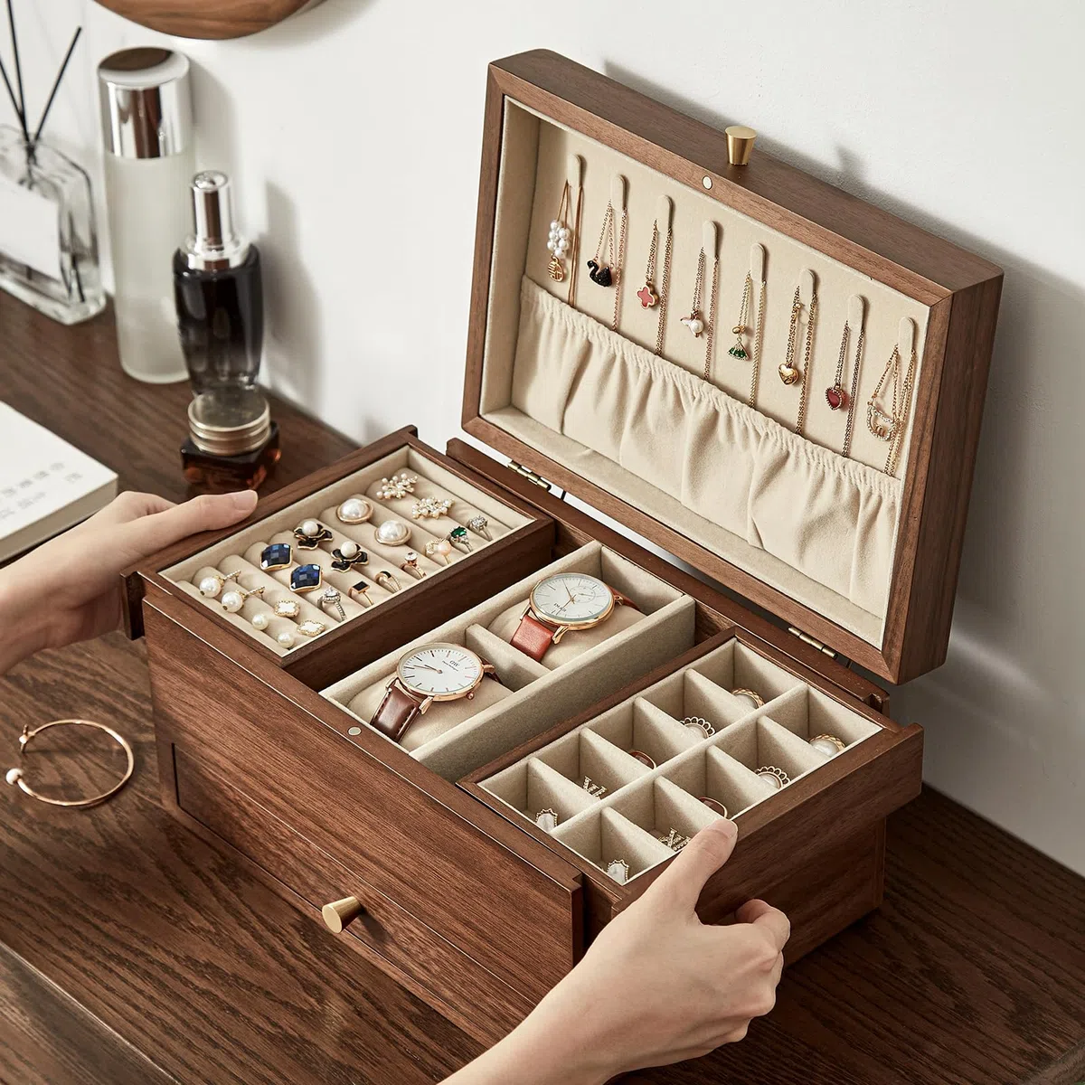Joyero de madera para mujer, caja organizadora multifuncional de 3 niveles, para relojes, collares, anillos y aretes, Regalo para Ella (nogal negro) | Organizador de joyas de madera grande, cajones multifuncionales, reloj, collar, anillo, almacenamiento d