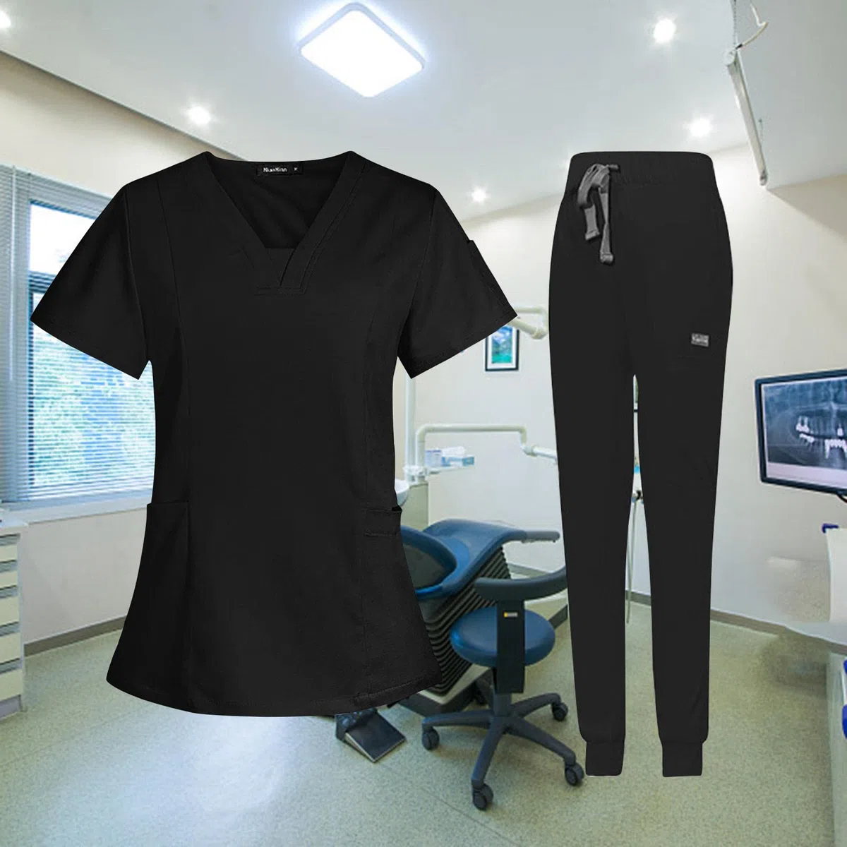 #N/A/a Conjunto de Uniforme Médico para Mujer, Traje Cómodo Lavable a Máquina con Escote en V para Salón de Belleza, Negro, M