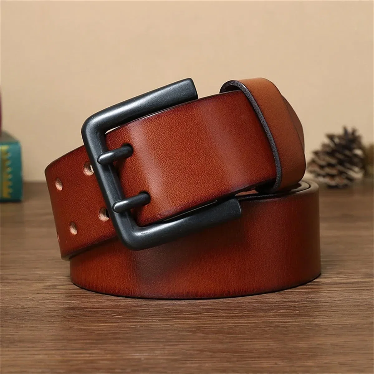 Cinturón De Piel De Vaca Gruesa De 4,3 Cm Para Hombre, Cinturón De Diseñador De Lujo, Hebilla Doble, Cinturón Para Pantalones Vaqueros