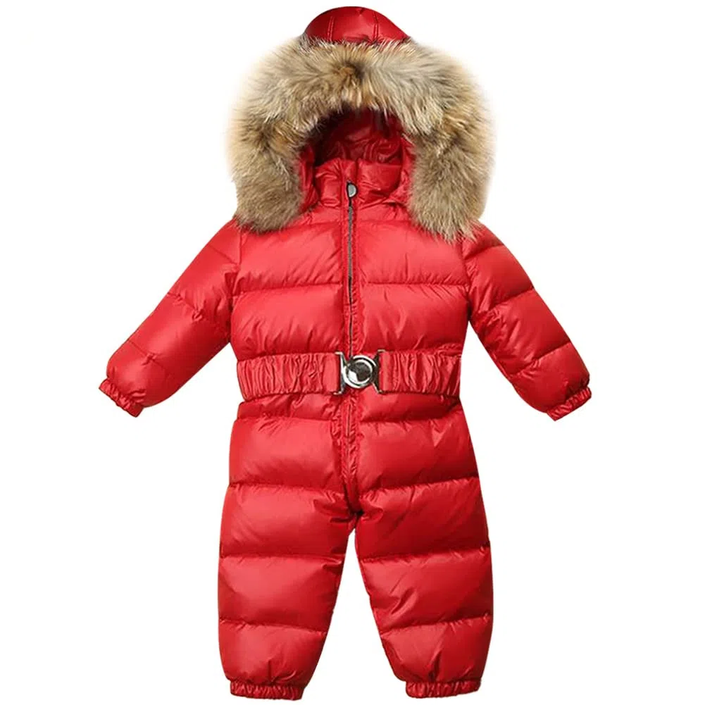 Traje de Ropa Nieve para bebé y niño, de plumón, para invierno, con capucha de piel, rojo, 104/110 cm