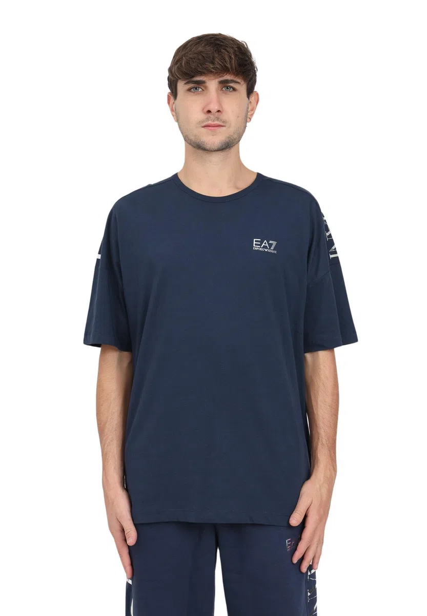 EA7 Camiseta Azul con Logo Plata para Hombre