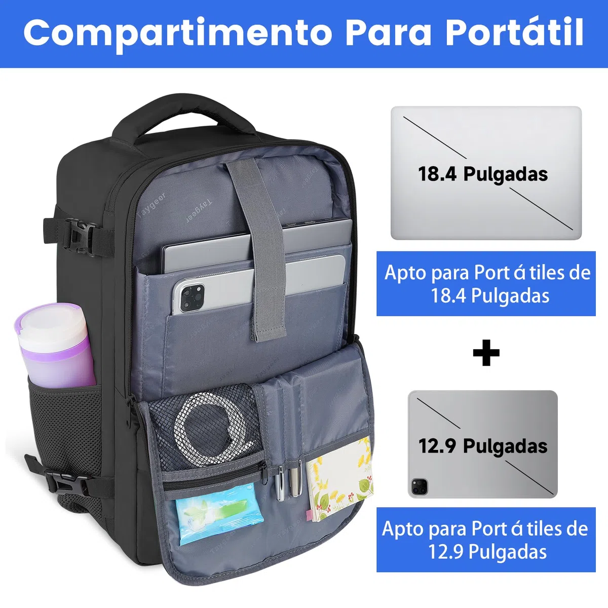 Taygeer Mochila Cabina 55x40x20, Mochila Viaje Cabina Equipaje de Mano | Bolsa para Zapatos Compartimento para Ordenador Portatil Multifuncional Impermeable para Negocios, Viajar, Trabajo