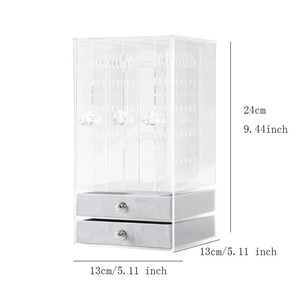 Organizador de Joyas de acrílico con 2 cajones y 3 colgadores para Pendientes, Transparente para Anillos, Collares y Pulseras.