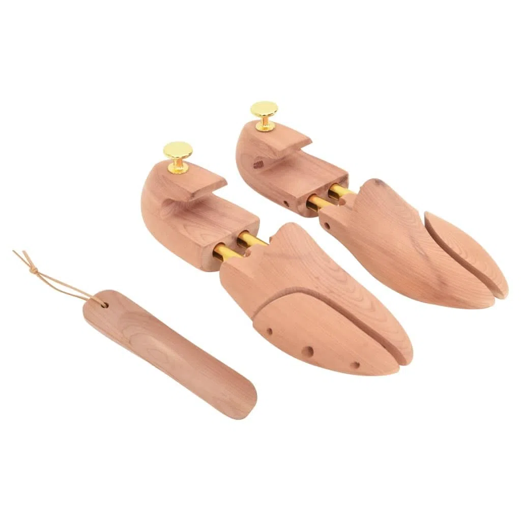 Horma de zapatos de madera de cedro maciza con calzador para la UE 42-43, moldeador ajustable y dilatador de zapatos para estabilidad de forma, absorción de humedad