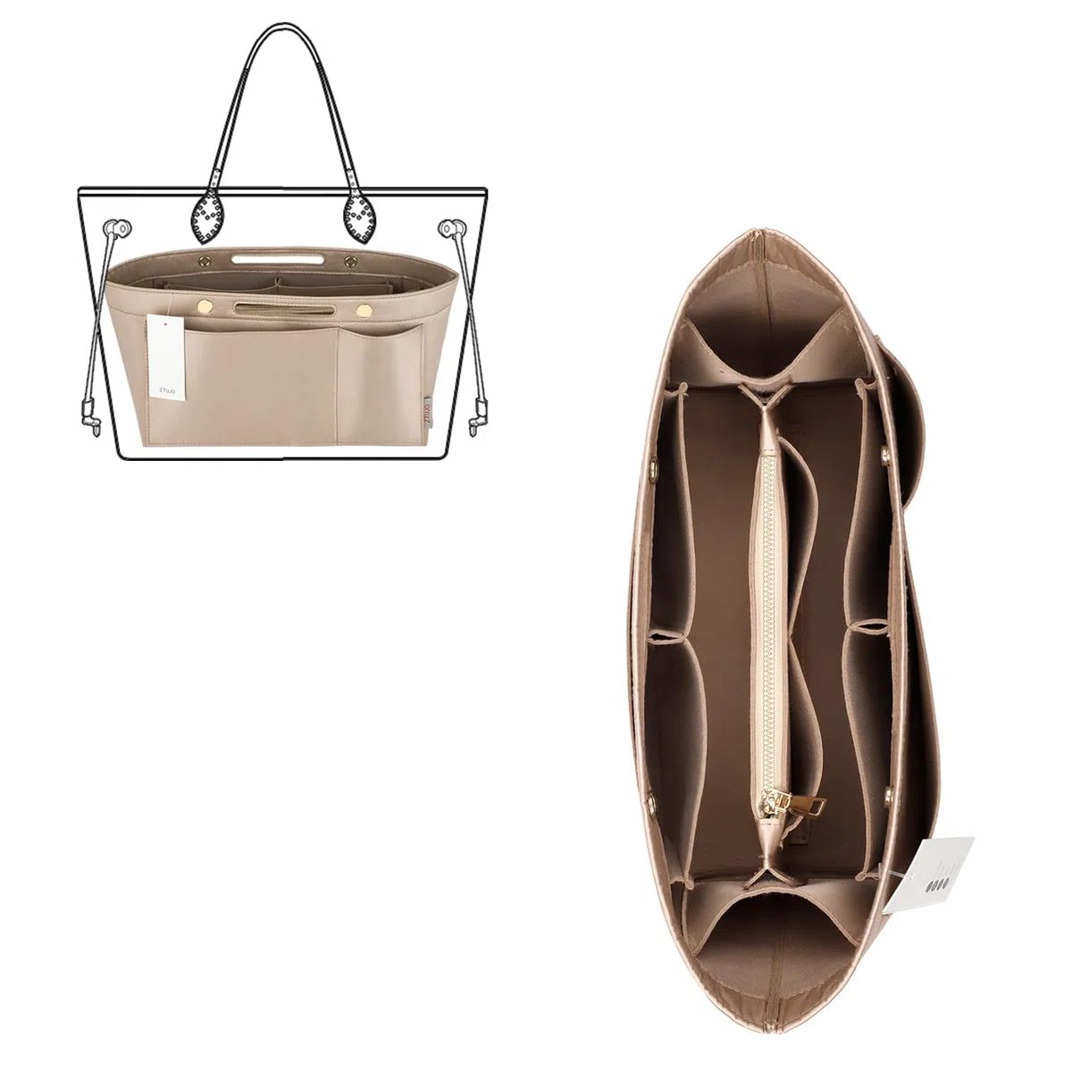 ZTUJO Organizador de monedero para bolsos, organizador de bolsas sedosas con 2 cremalleras para Speedy Neverful Tote y más (beige, grande)