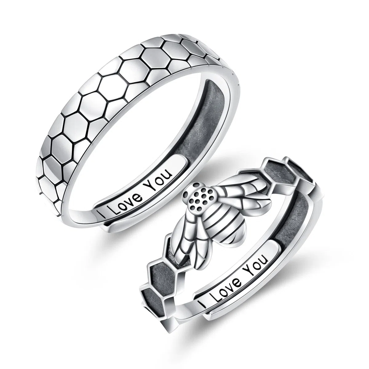 Juego de anillos de pareja de panal de abeja, plata de ley 925, bonito anillo de combinación de animales para parejas, grabado "I Love You", anillo de compromiso ajustable para él y para ella