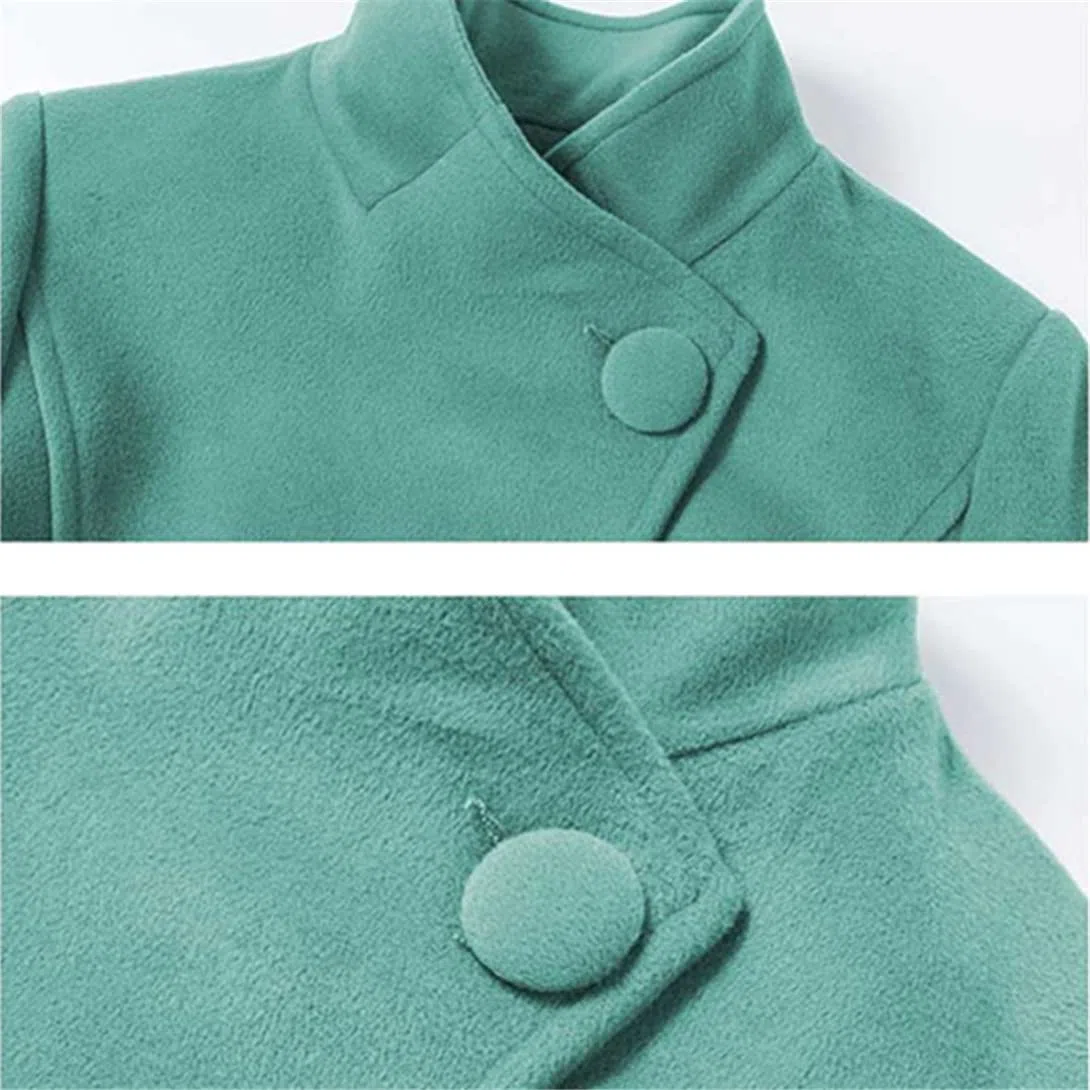 Abrigo de lana con cuello alto delgado para mujer, abrigo de lana largo de un solo pecho con cinturón para mujer