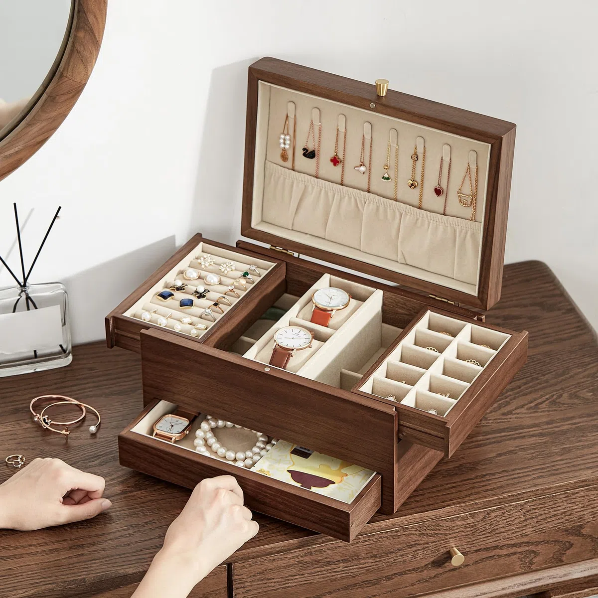 Joyero de madera para mujer, caja organizadora multifuncional de 3 niveles, para relojes, collares, anillos y aretes, Regalo para Ella (nogal negro) | Organizador de joyas de madera grande, cajones multifuncionales, reloj, collar, anillo, almacenamiento d