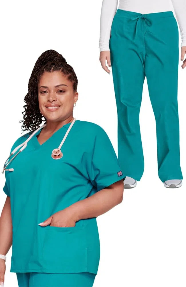 Cherokee - Conjunto de uniformes médicos para mujer, ajuste tradicional, manga dolman, parte superior con cuello en V (4700) y pantalón de pierna acampanada con cordón ajustable de talle natural (4101