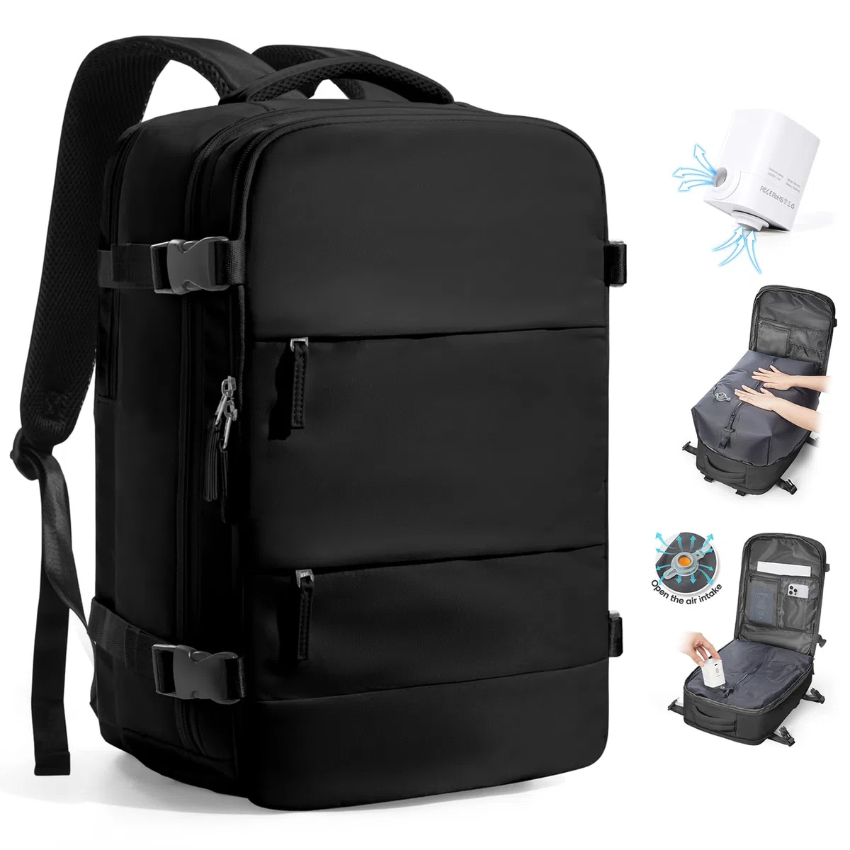 Mochila Cabina al Vacio Avion 45x36x20 Easyjet,Mochila Viaje Vacio con Bomba Equipaje de Mano Compresion al Vacio Mochila Portatil Hombre y Mujer,Negro