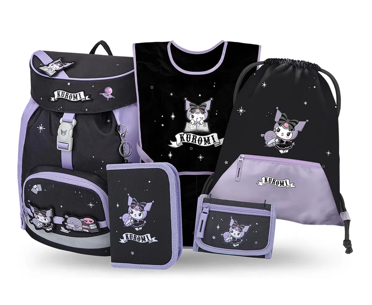 Baagl Mochila escolar para niños y niñas, juego de 5 piezas (mochila escolar Airy para 1ª clase, estuche, bolsa de gimnasio, delantal, bolsa de pecho), mochila escolar ergonómica, 16,5 l, Kuromi