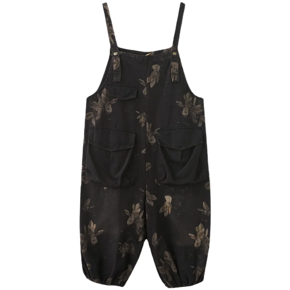 Monos de las mujeres con estampado floral de Jean overoles grandes bolsillos de pierna ancha pantalones de mezclilla con correa mamelucos, Negro, M largo