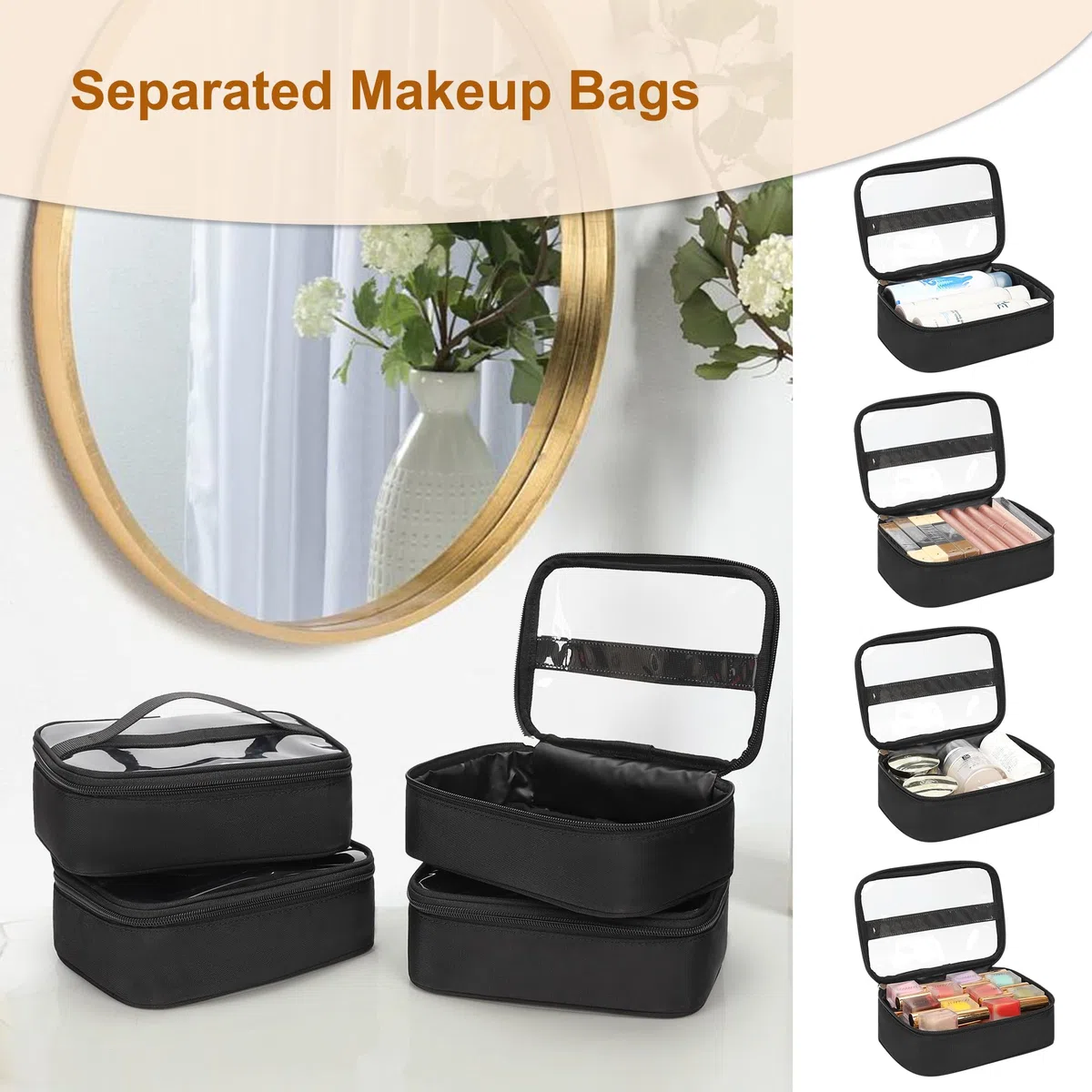 Estuche de cosméticos enrollable con 4 pequeños neceseres - Organizador de cosméticos de viaje grande con 2 ruedas grandes, mochila profesional para artista cosmético, color negro
