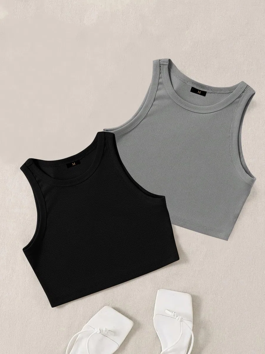 Pack de 2 camisetas sin mangas acanaladas elegantes con cuello redondo para mujer y top corto occidental