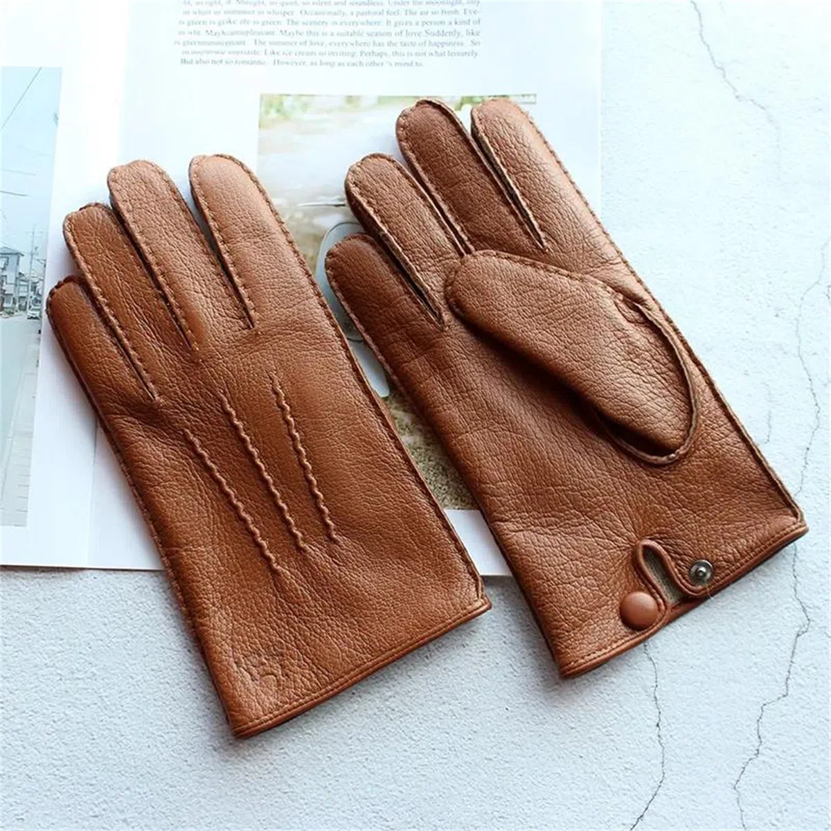 Guantes de piel de ciervo auténtica para hombre, con forro de lana, cálidos, térmicos, para conducir, motociclismo, a la moda