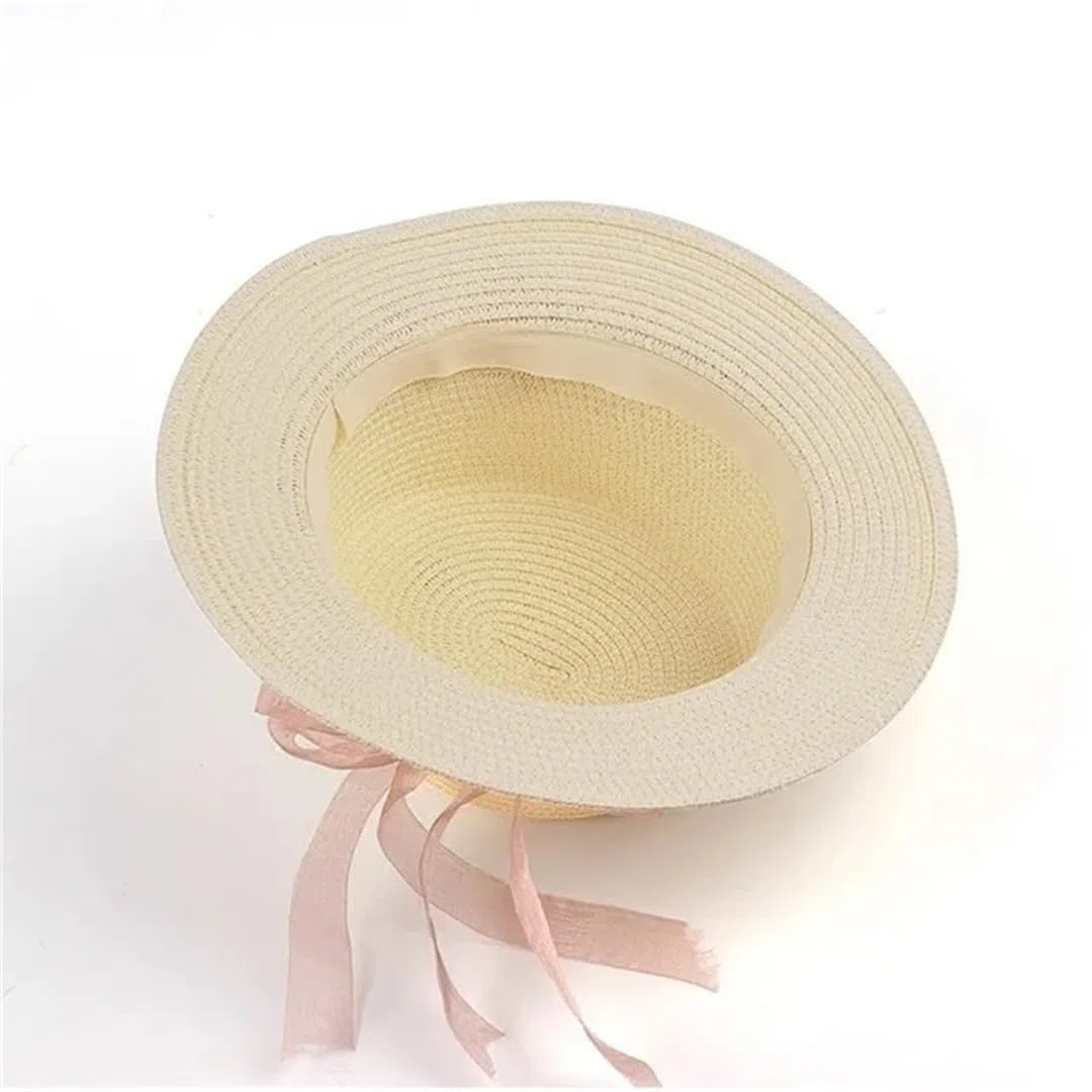 Sombrero para el Sol para Mujer, Sombrero de Cubo, Sombrero de Paja con Parte Superior Plana y Lazo de Encaje Beige de Verano (21244 Mujeres 56, Talla única 58 cm)