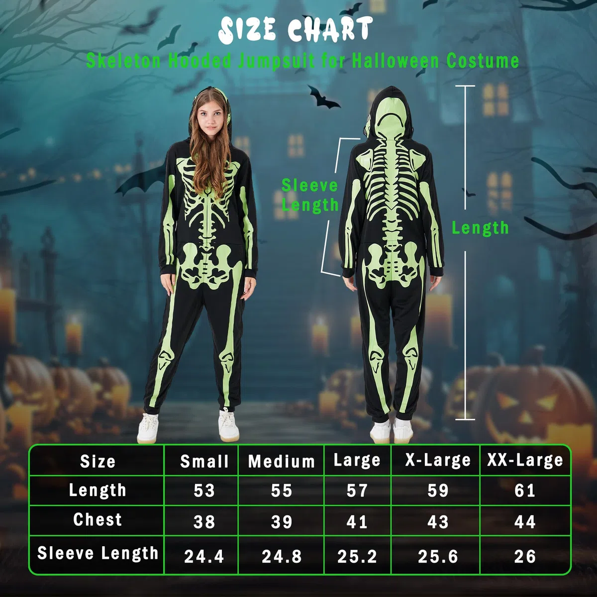 Disfraz unisex de esqueleto para adultos, overol de pijama que brilla en la oscuridad con cremallera y capucha para Halloween