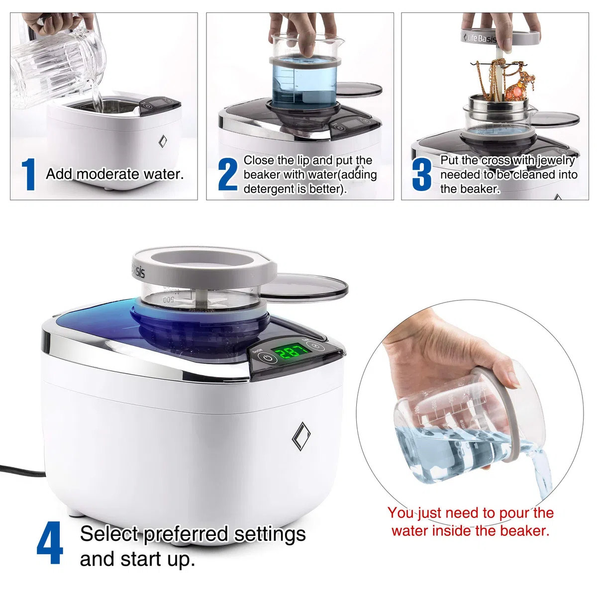 Life Basis Limpiador ultrasónico Joyería 870ml Professional con Vaso y Tapa de 500 ml [Versión actualizada]
