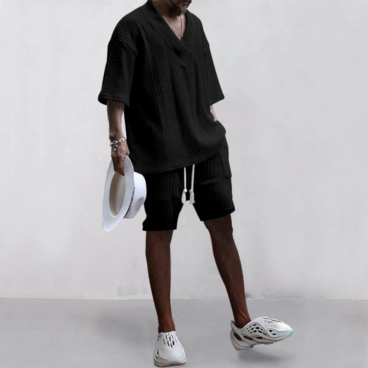 Generisch Traje de dos piezas para hombre de color sólido de media manga camisetas y pantalones conjunto deportivo traje adolescente traje de verano holgado traje de playa traje casual 2024 suéter con