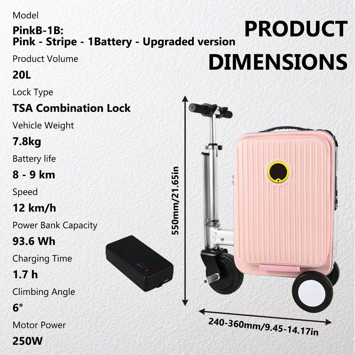 Maleta Patinete Electrico Adulto, Maleta EléCtrica Inteligente 20 litros, Maleta Viaje Inteligente con BateríA Power Bank, Velocidad MáXima 13 Km/H PinkB-1B
