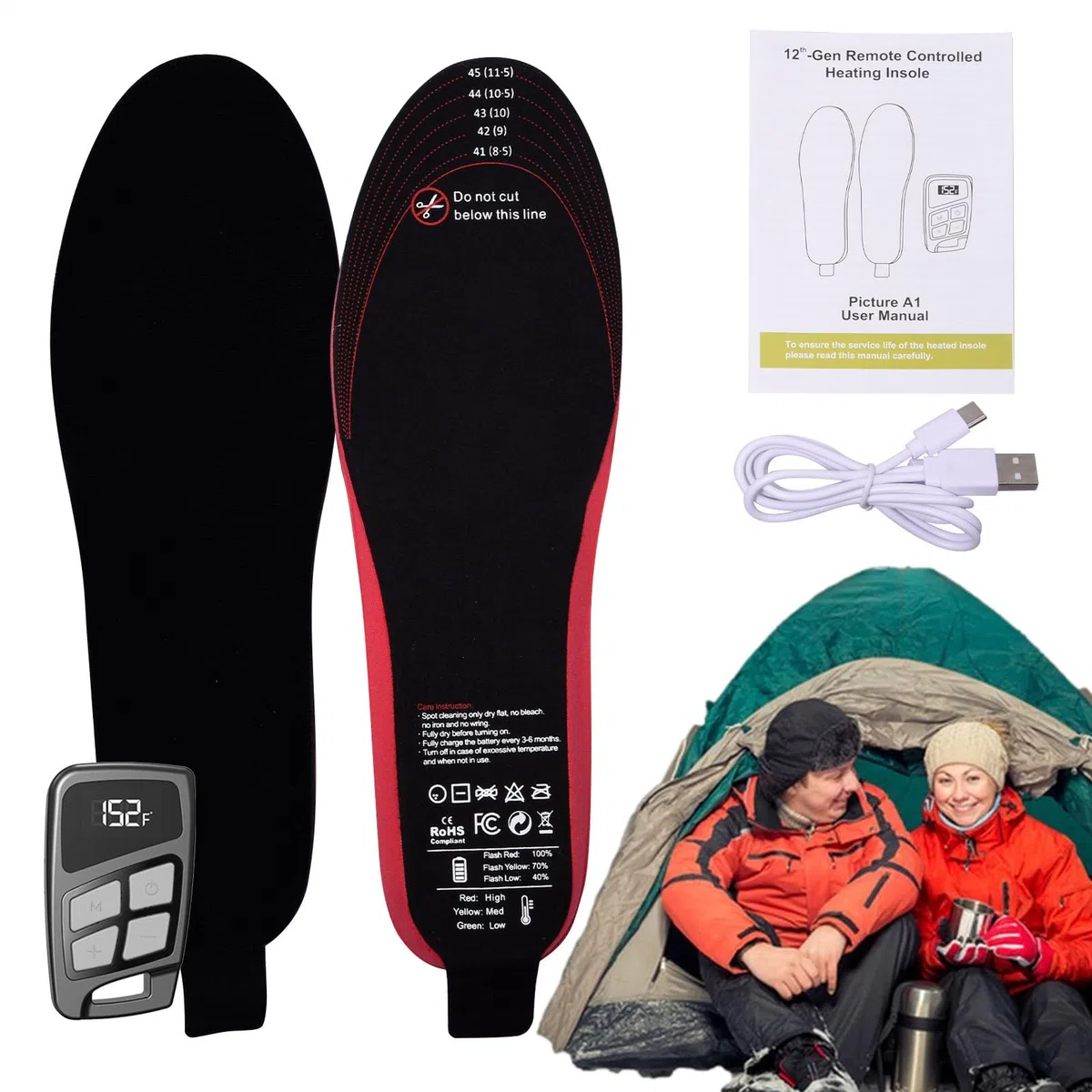 Plantillas Térmicas Recargables 3500 mAh Control Remoto 3 Modos Ajustables | Insertos Calefactores de Pesado Plantillas para Pesca, Ciclismo, Motociclismo, Viajes, Camping, Esquí,