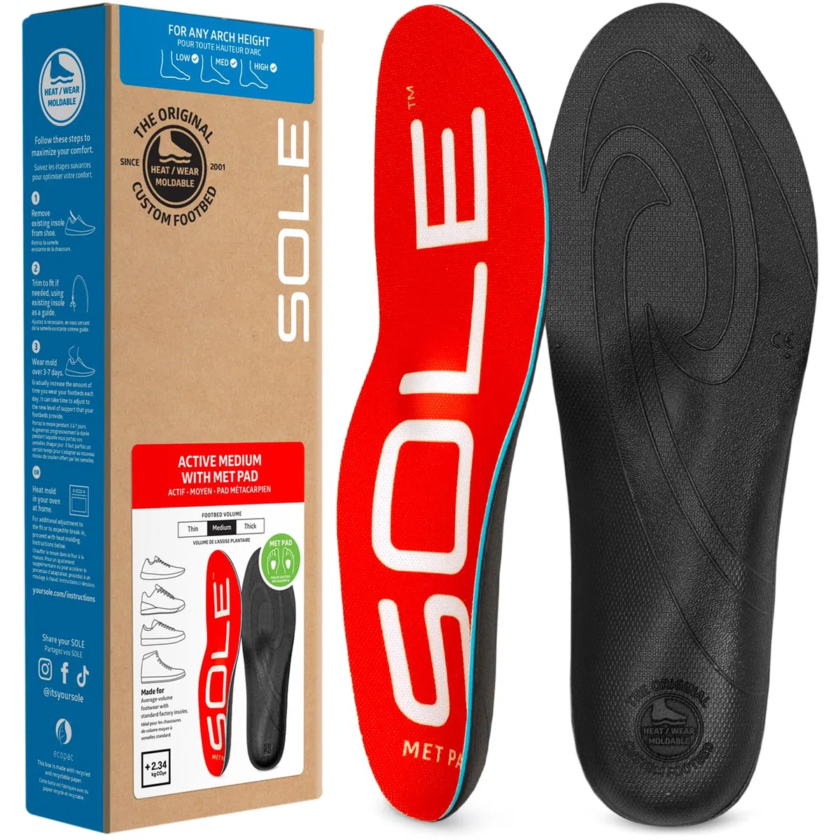 Plantillas SOLE Active Medium - Plantillas ortopédicas de soporte para el arco del pie para aliviar la metatarsalgia y el neuroma - Talla 6 para hombre/talla 8 para mujer, 1 par