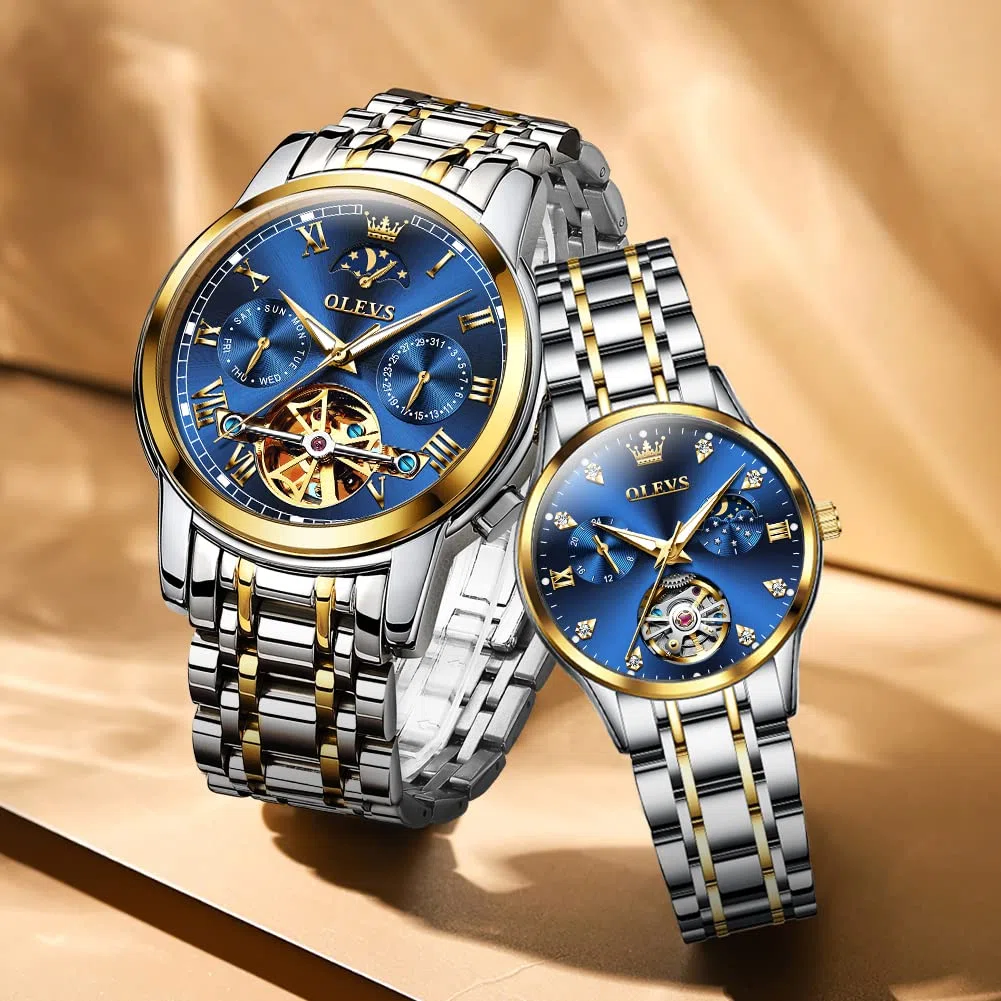 OLEVS Par de relojes para parejas, mecánicos automáticos, con cuerda automática, para él y ella, regalos del día de San Valentín, 6617+6608: banda de dos tonos y esfera azul
