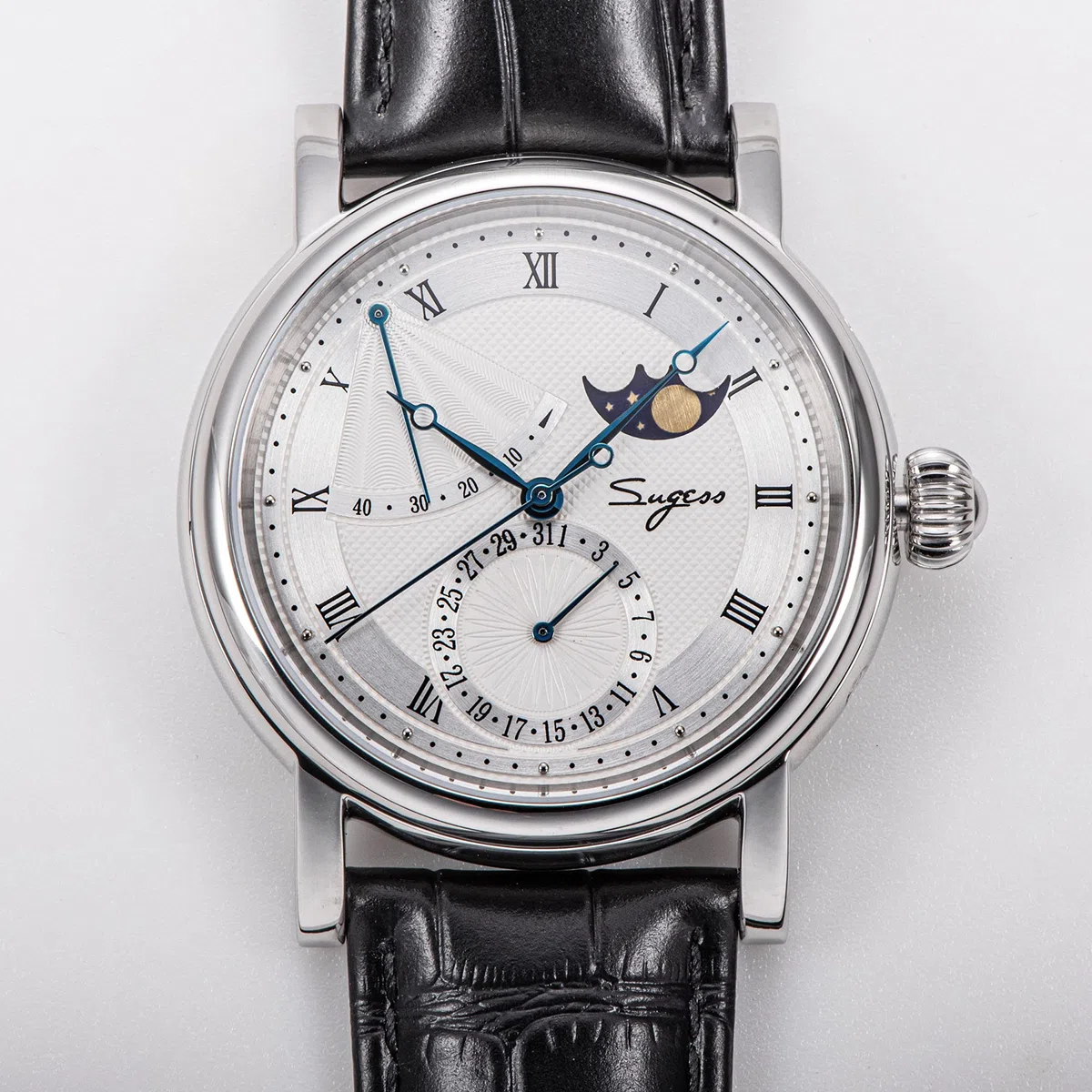 SU2153SW MoonPhase Master Seagull ST2108 - Reloj mecánico automático para hombre con cristal de zafiro 1963, plata, Correa