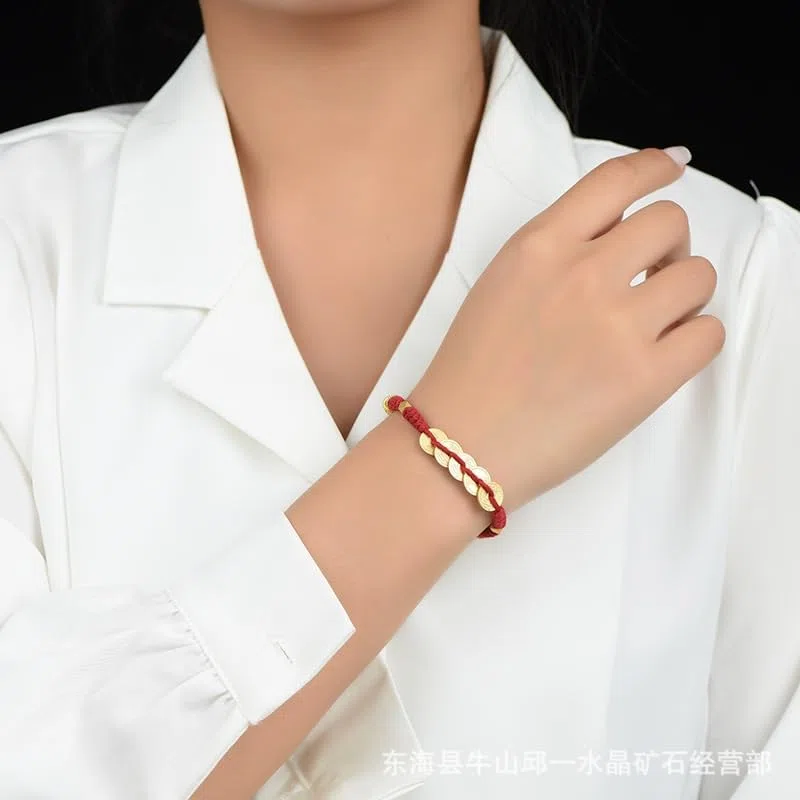 Pulseras elásticas para Mujer Pulsera de Hilo Rojo de Estilo étnico Hecha a Mano con Cinco Monedas del Emperador y Amuleto de Bestia Dorada tibetana for Hombres y Mujeres(Red)
