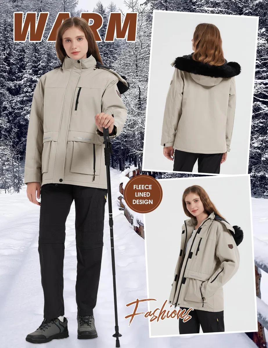 Voqeen Chaqueta de Esquí Invierno para Mujer Termica Abrigo de Nieve Impermeable de Montaña Forro Polar Antiviento Cazadora con Capucha