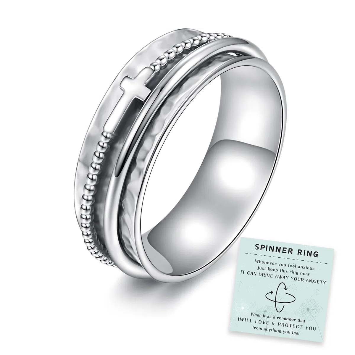 Anillo de cruz para mujer, de plata de ley 925, giratorio, ancho martillado