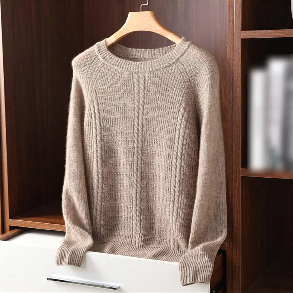 Kelsiop Primavera y otoño 100% suéter de cachemira de las mujeres suéter de cuello redondo casual de punto suelto de moda suéter cálido, beige, M