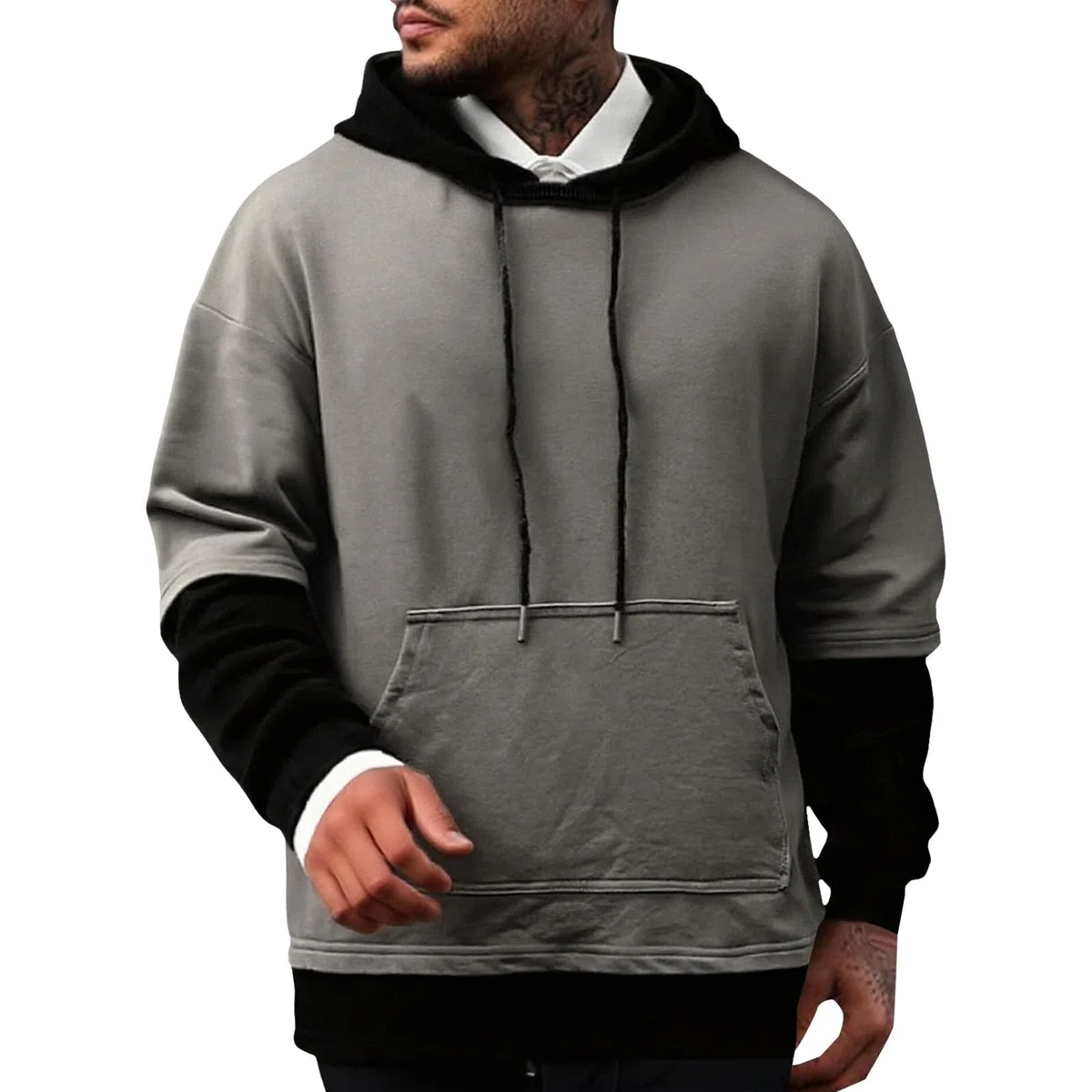 Sudaderas con Capucha Corta Sudadera Oversize Estilo Patchwork para Hombre, Nueva Otoño Juveniles (Grey, XXL) Ropa Gimnasio Hombre Playa Moto Oversized Gym Camisas Manga Larga Kit De