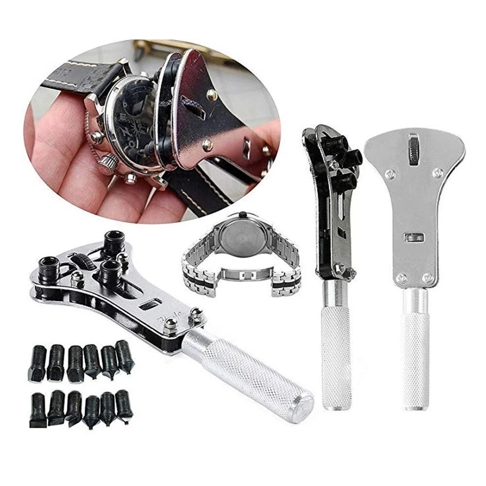 Kit de reparación de relojes, juego de herramientas de pin de enlace de correa de reloj con funda de transporte, kit de herramientas de repuesto de batería de reloj, incluye herramienta de prensa de