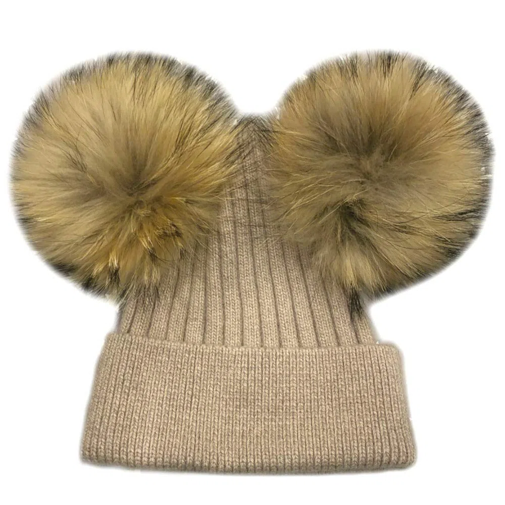 Gorro Sombrero de cachemira de piel auténtica con doble pompón, para mujer, de invierno, BEIGE ROSATO Talla única