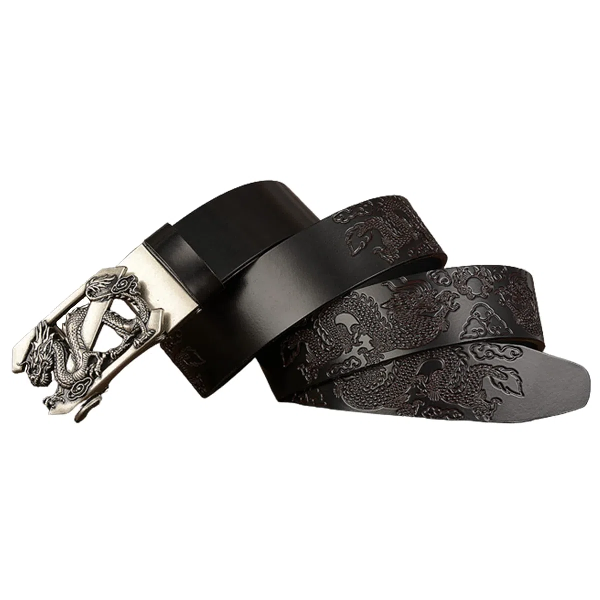 Vestido para hombre Jeans Cinturón Trinquete Automático Dragón deslizante Hebilla plateada Cuero en relieve Correas de cintura negras 1 3/8 "(35 mm)