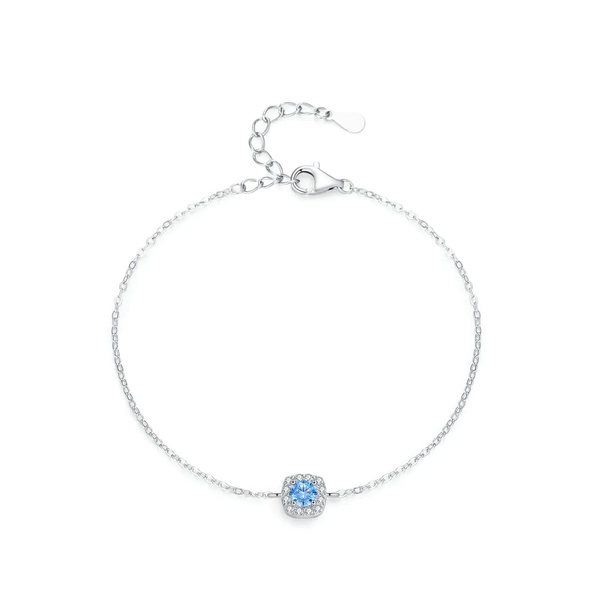 Pulseras Oro Blanco 9K / 14K / 18K Mujer, Cuadrado y Redondo con Topacio y Diamante, Cadena Extensible 16 CM + 5 CM, Pulsera Mujer Plata Azul