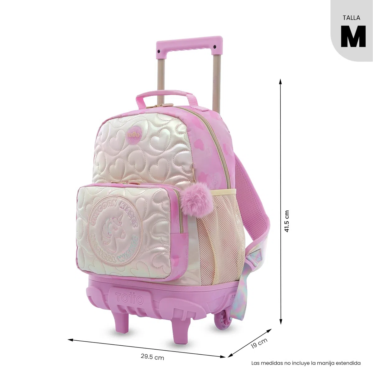 TOTTO - Mochila Escolar con Ruedas, Modelo Unicorn Kisses M, Mochila Mediana, Capacidad 23L, Bolsillos Botella, Compartimento Frontal, Protección en la Base, Correas Ajustables, Estampado Rosa