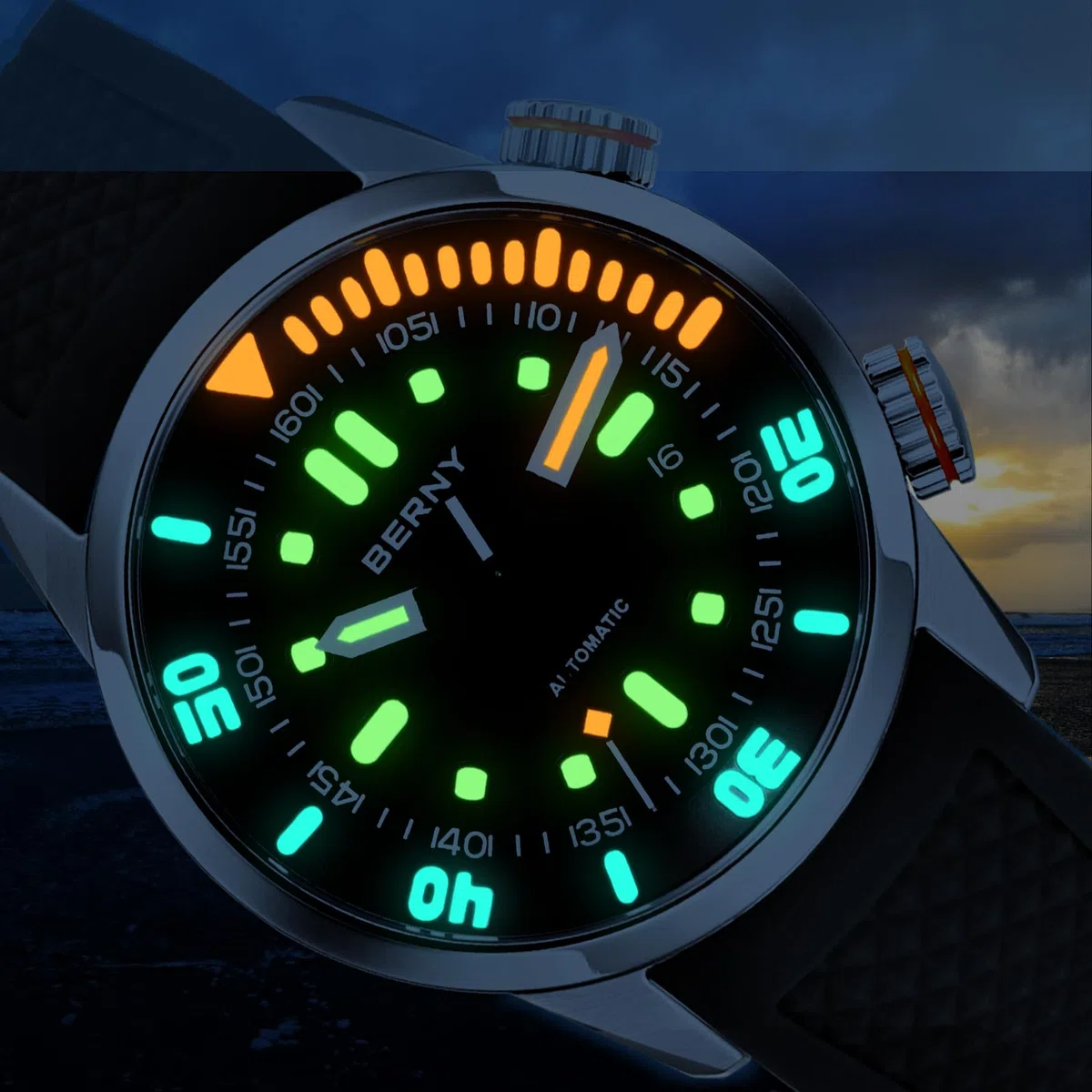 BERNY Reloj De Buceo Hombres 20ATM Movimiento Automático Reloj De Pulsera con Cristal De Zafiro Correa De Silicona Cómoda Super Luminoso