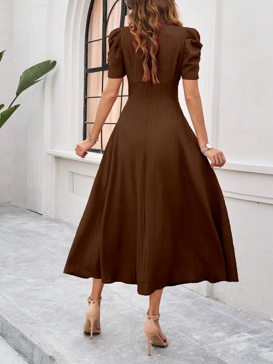 Shasmi Vestido largo liso para niñas y mujeres, cuello en V, línea A, vestido de fiesta de Año Nuevo, cintura, mangas abullonadas, vestido occidental, elegante ropa casual (vestido 246)