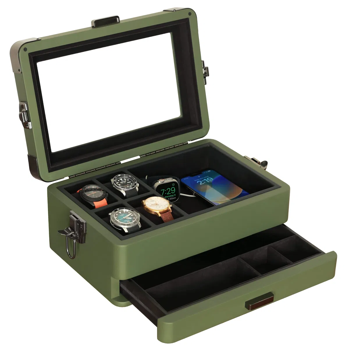 CASE ELEGANCE Caja organizadora militar para reloj con 10 ranuras para hombres, parte superior de cristal real, bandeja de valet modular, reloj Apple compatible con soporte para reloj Apple, verde