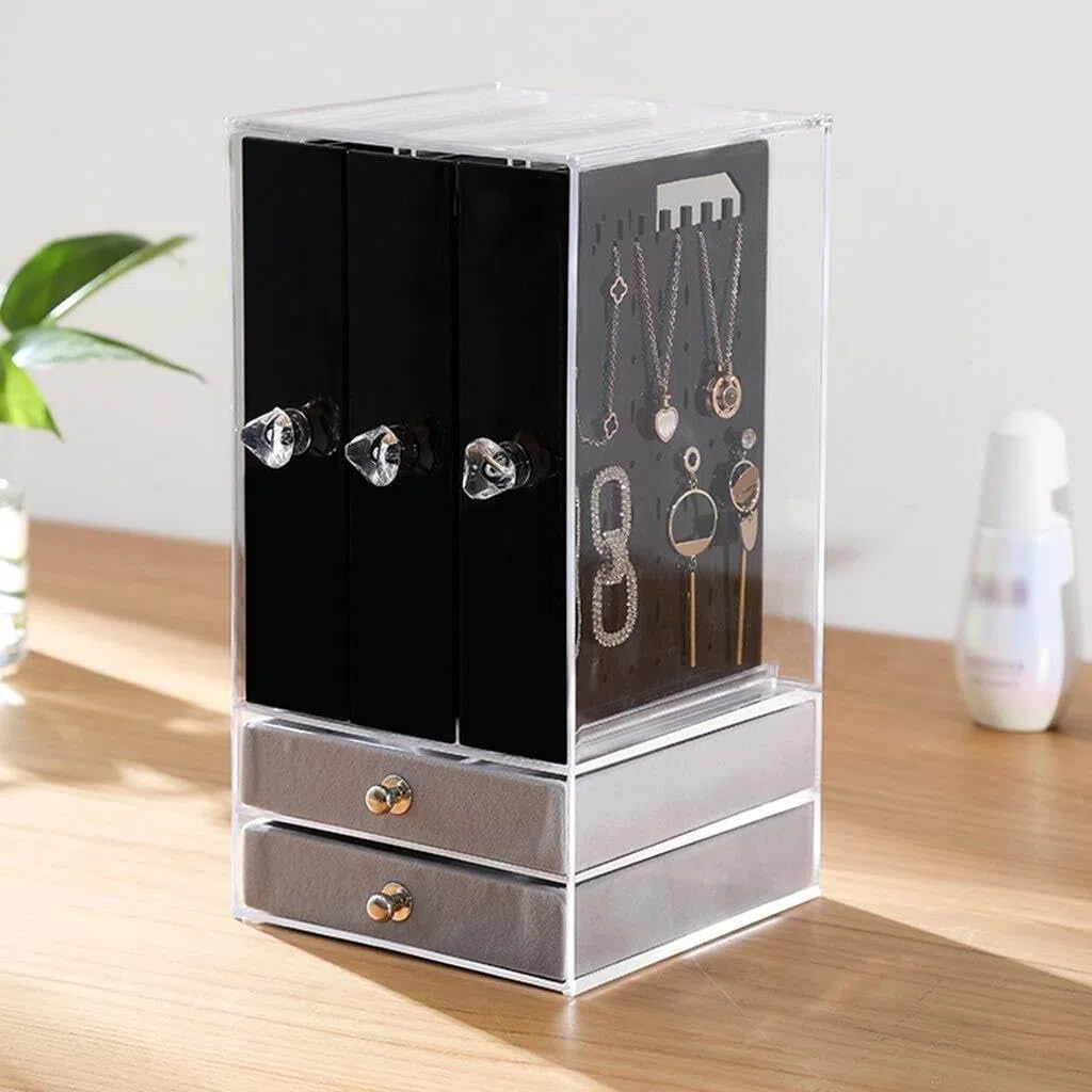 Organizador de Joyas de acrílico con 2 cajones y 3 colgadores para Pendientes, Transparente para Anillos, Collares y Pulseras.