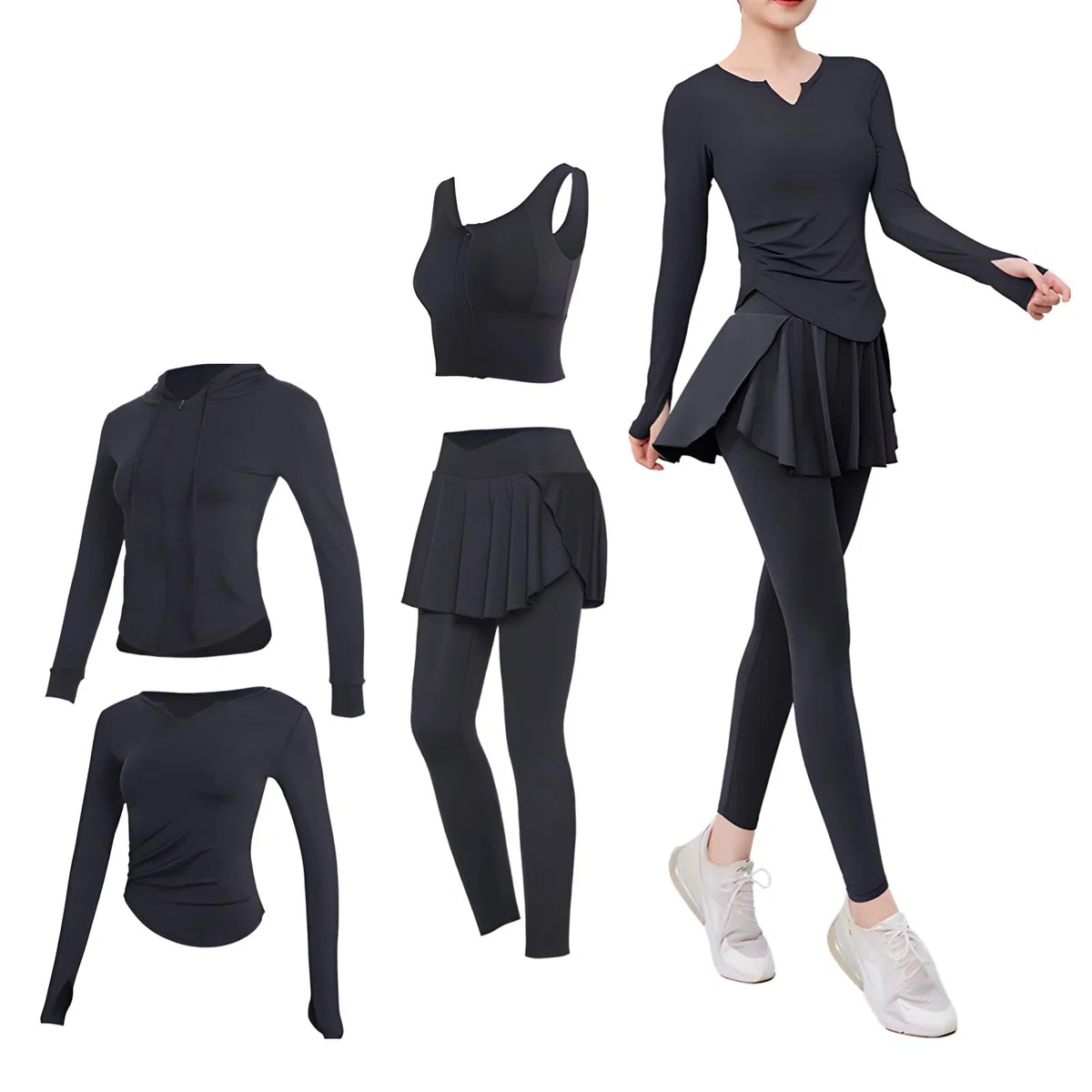 Conjunto de entrenamiento de pilates para mujer, conjunto de cuatro piezas para yoga, talla XXL, para 135-150 libras, incluye chaqueta, brasier deportivo, camiseta de manga larga, tela transpirable de