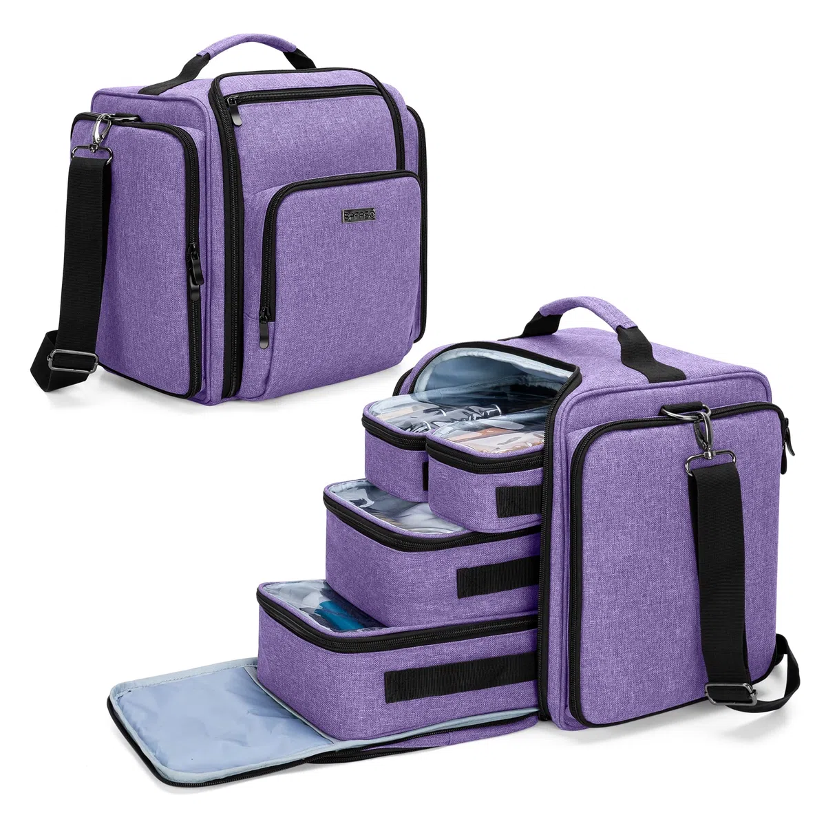 BAFASO Bolsa de Maquillaje Bolsa de Cosméticos con 4 Bolsillos, Púrpura | Estuche Multifuncional de Maquillaje de Viaje, Bolsillos Internos Extraíbles